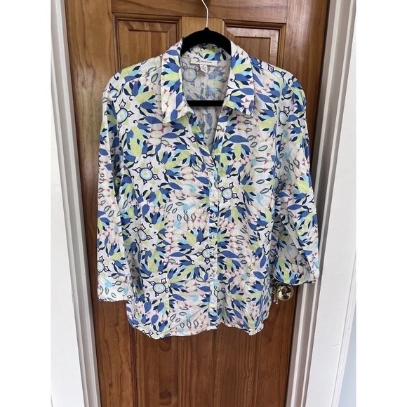JM Collection 100% Linen Long Sleeve Button Down Shirt Blue Floral Women 18 EUC - Picture 1 of 7